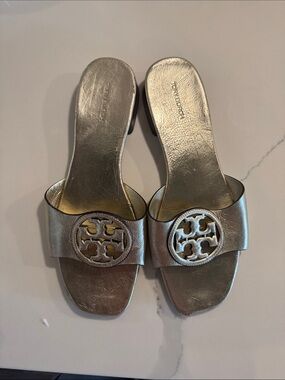 Tory Burch Metallic Silver Logo Slide Mules